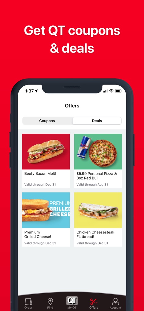QuikTrip: Coupons, Fuel, Food - O aplicativo apresenta uma seção dedicada a "Coupons" (Cupons) e "Deals" (Promoções), onde os usuários podem visualizar ofertas exclusivas como o "Beefy Bacon Melt!" e o "$5.99 Personal Pizza", com seus respectivos prazos de validade.
