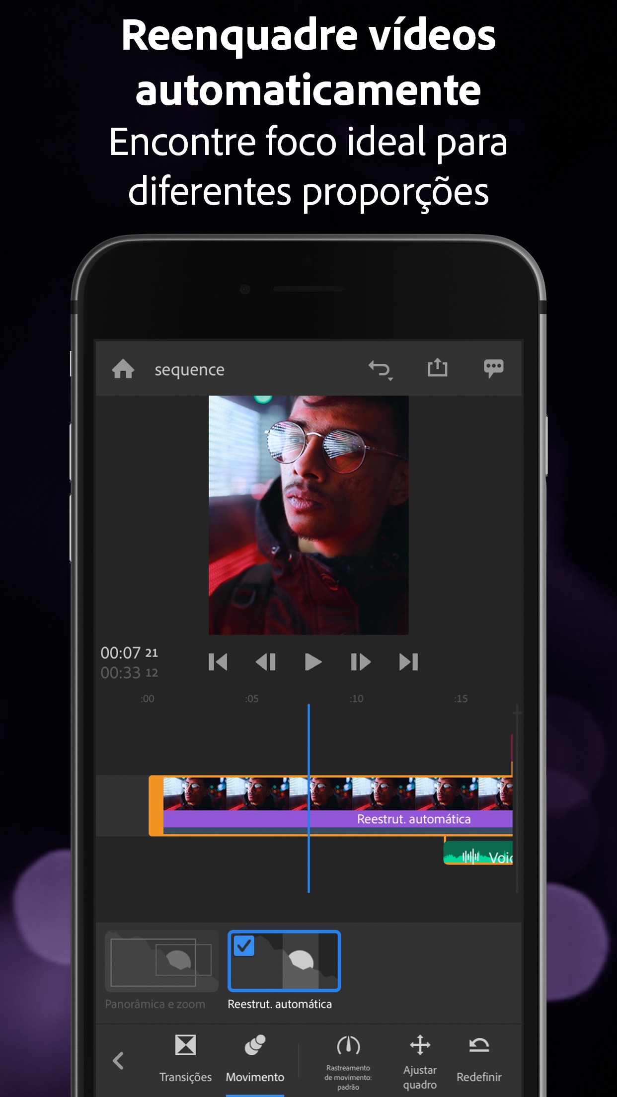 Screenshot do app Adobe Premiere Rush para Vídeo