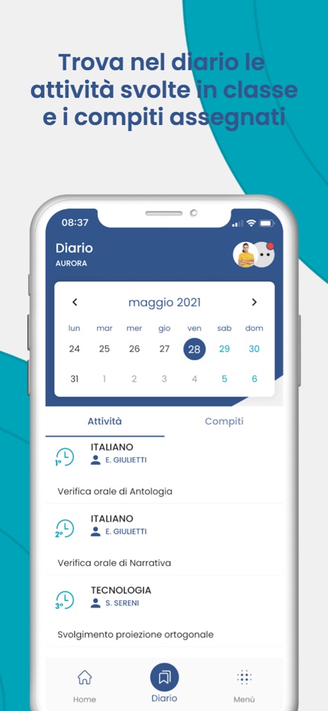 didUP - Famiglia - The digital diary offers an intuitive calendar view for school days and a comprehensive list of class activities and assigned homework.