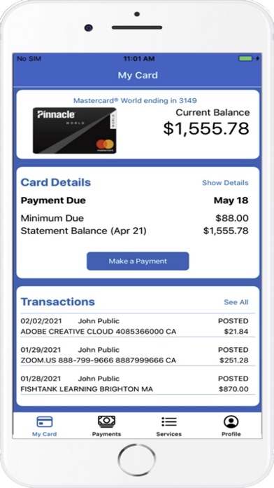 Pinnacle Bank Card Screenshot