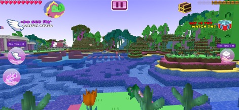 Kawaii Planet Craft - このスクリーンショットでは、多様なブロックが織りなす「広がる水辺の風景」と、探索心をくすぐる「緑豊かな島々」が視覚的に表現されています。
