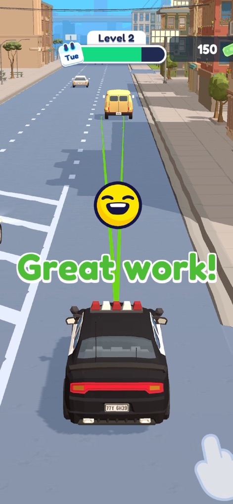 Traffic Cop 3D - Witness the immediate positive feedback with a cheerful emoji and the 'Great work!' message, reinforcing successful gameplay actions for users.