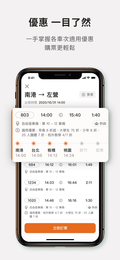 台灣高鐵 - This tool simplifies ticket purchasing by clearly displaying available train services and detailing various applicable discounts, such as early bird rates and student fares, for every journey.