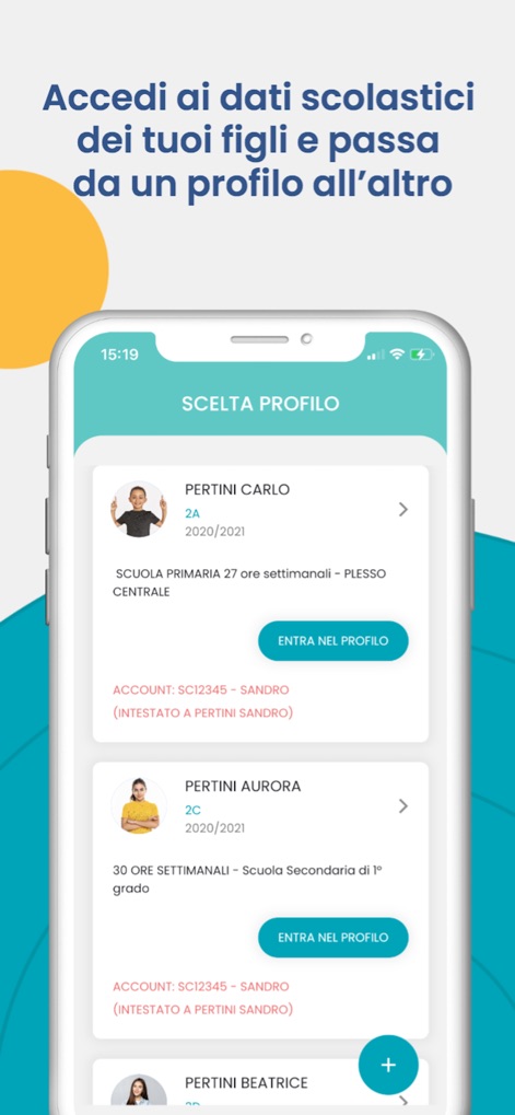 didUP - Famiglia - This feature allows parents to effortlessly manage multiple student profiles and switch between children's school data with a single tap.