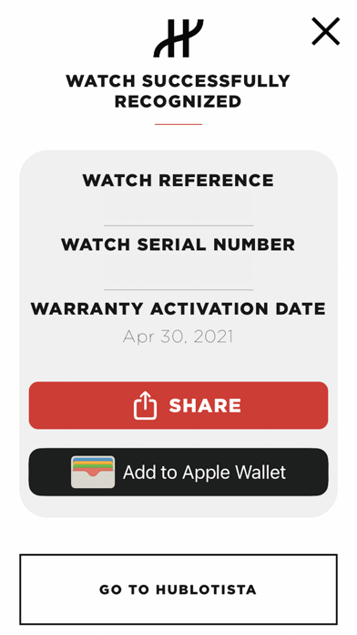 Hublot e-warranty Screenshot