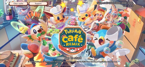 Pokémon Café ReMix - La imagen de inicio presenta a varios Pokémon cocineros en un estilo artístico vibrante, destacando el logo de 'Pokémon Café ReMix' y la opción de 'Tap to start'.