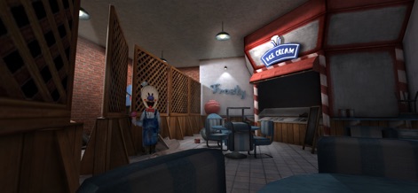 Ice Scream 4: Rods Factory - 工場内に突如現れる、レトロな雰囲気のアイスクリームパーラーの様子です。ロッドがカウンターの奥からこちらを監視しており、この一見平和な空間にも危険が潜んでいることを示唆しています。
