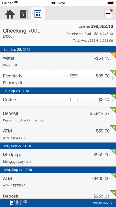 Reliance Bank Business Banking Screenshot