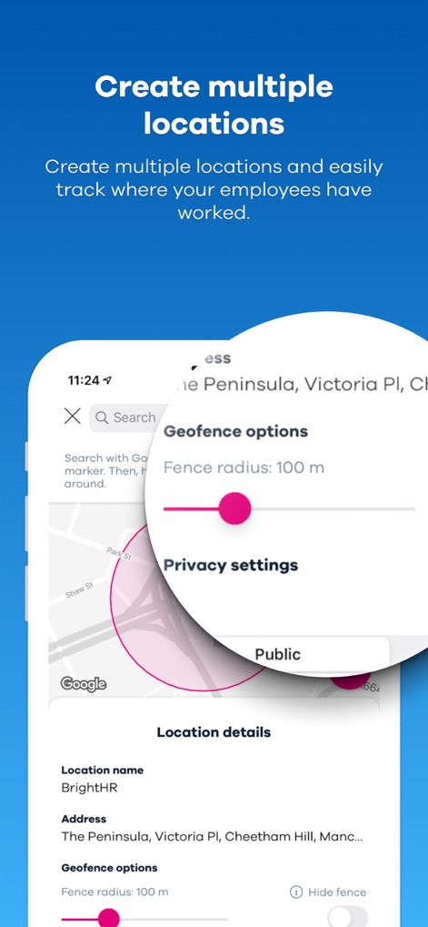 Blip! - Configure multiple location settings with precise geofence radius adjustments and manage privacy preferences for each site.