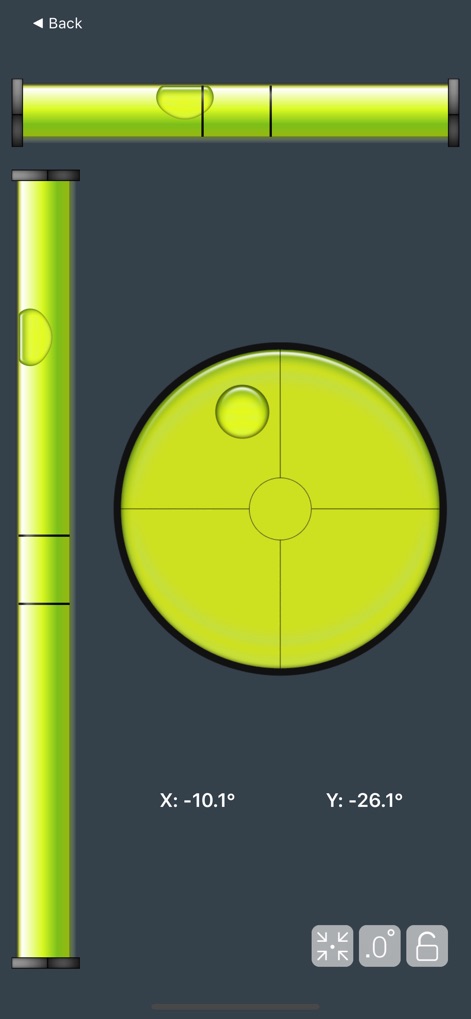 Pocket Bubble Level XXL - Observe the app's 'Bubble Level 3in1' functionality, which integrates horizontal, vertical, and bullseye levels with precise X and Y angle displays.