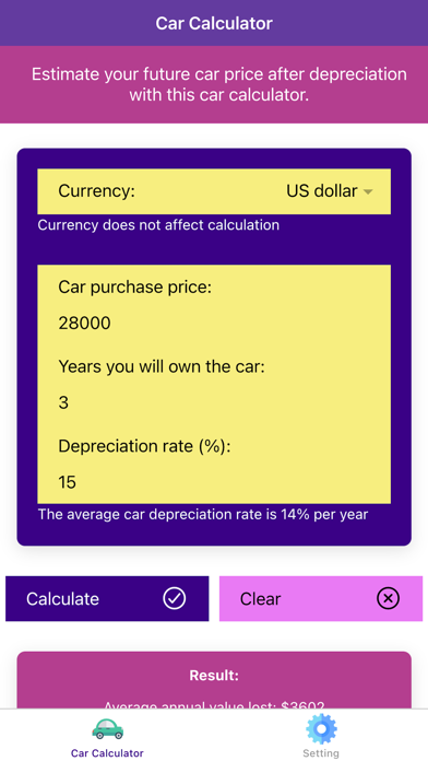 Car Calculator: Depreciation Screenshot