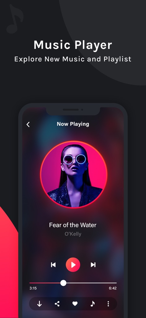 PLAYit - Music video palyer - Die App zeigt die aktuelle Wiedergabe im Vollbildmodus mit einem großen Album-Cover und intuitiven Bedienelementen für die Song-Navigation.