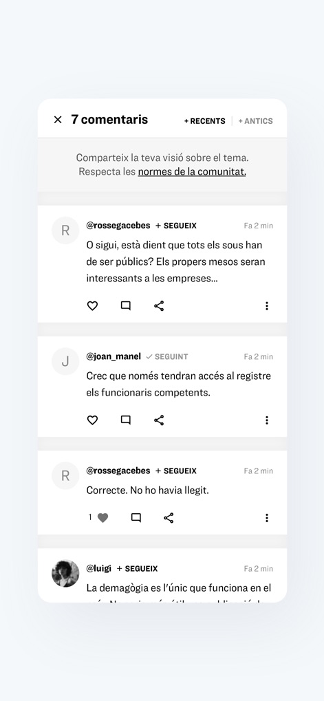 Diari ARA - Les utilisateurs peuvent interagir et enrichir le journal par le débat grâce à l'espace de commentaires, où la qualité est valorisée et les options de filtrage par "récents" ou "anciens" sont disponibles.
