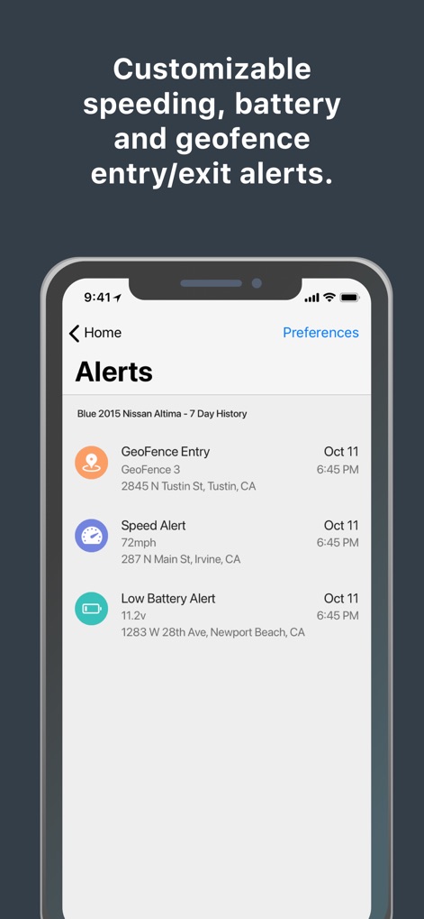 LoJack - Understand how the app centralizes alert management, displaying a comprehensive history of customizable GeoFence Entry and Speed Alerts with precise details.