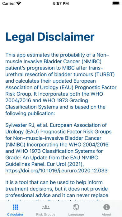 EAU NMIBC Risk Calculator Screenshot