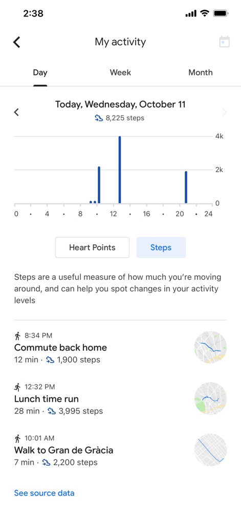 Google Fit: Activity Tracker - Questo strumento offre una visione granulare dell'attività giornaliera, con un grafico a barre che visualizza la distribuzione dei passi durante la giornata e un elenco dettagliato delle attività svolte, come la corsa pranzo con 3.995 passi.