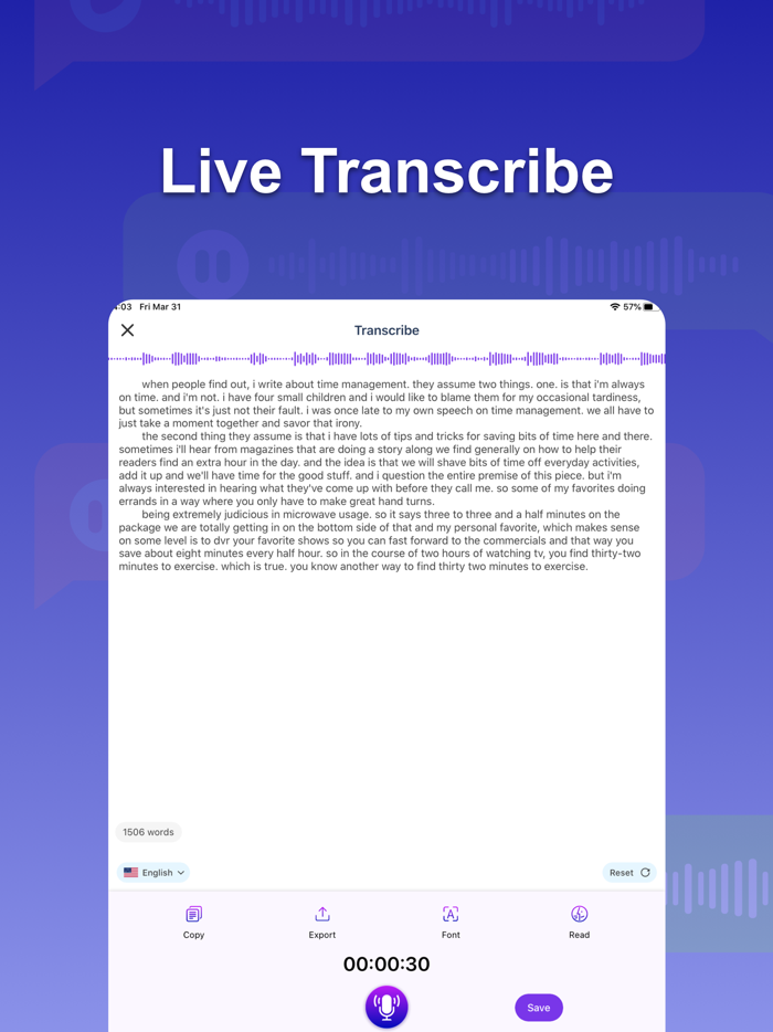 Transcribe speech to text
