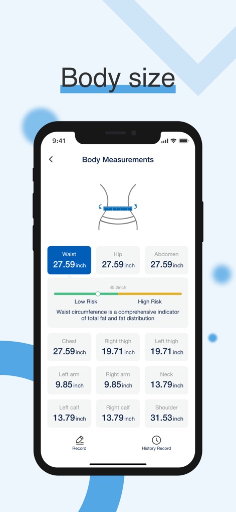 Fit Profile-GE branded scales - The app facilitates thorough tracking of various body measurements, such as waist and hip circumference, complemented by a visual risk assessment based on key anatomical dimensions.