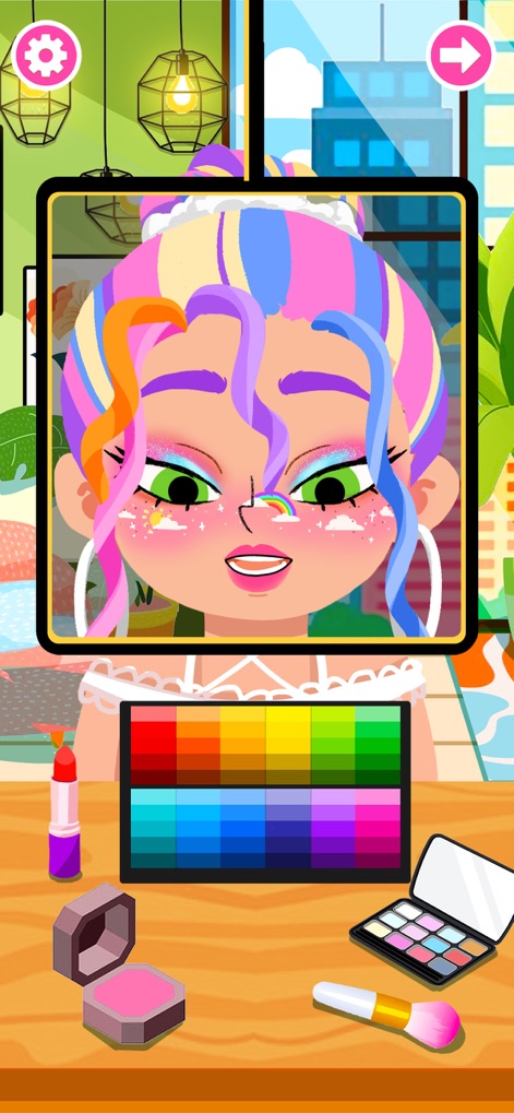 Hair Salon Barber Chop Games - La herramienta ofrece opciones de maquillaje vibrantes, apreciables en el cabello multicolor con rayas arcoíris y la sombra de ojos a juego, complementado por una paleta de colores detallada para una personalización ilimitada.