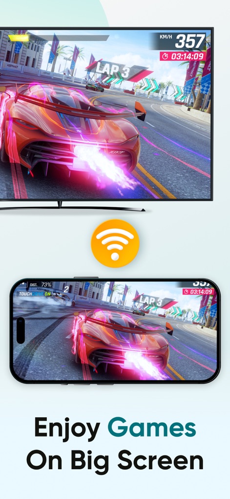 Screen Mirroring - TV Cast - Experience immersive gameplay with zero-delay mirroring, showcasing the seamless synchronization between the iPhone's "game interface" and the large "TV display".