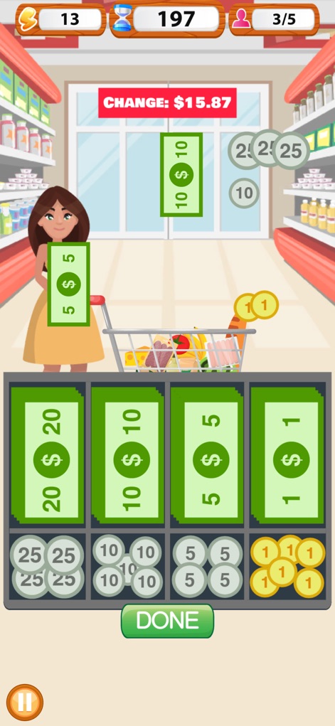 Supermarket Cashier Simulator - This tool demonstrates how to accurately provide change, featuring a visual money dispenser and a clear "Change" amount display.