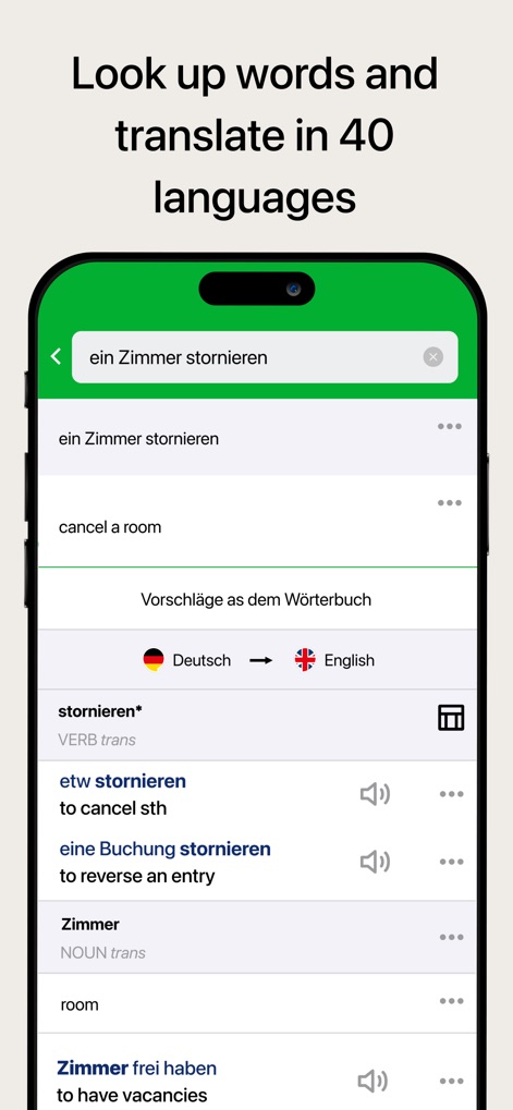 PONS Translate & Dictionary - This tool provides in-depth dictionary results for phrases like 'ein Zimmer stornieren', offering contextual usage and audio pronunciation via the speaker icon.