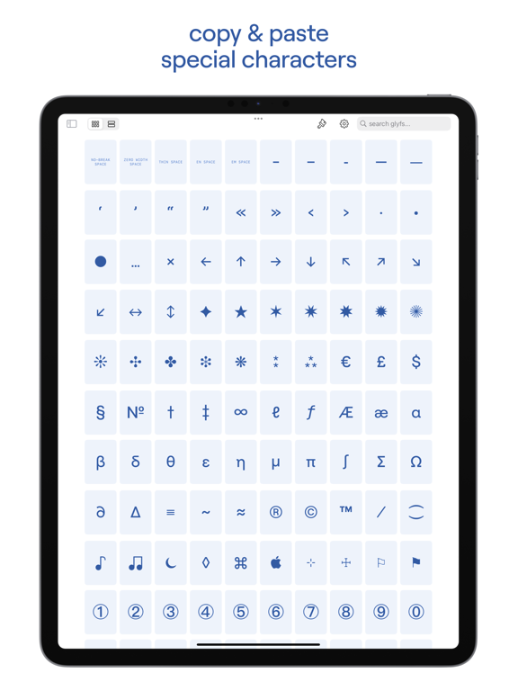 unicode symbols: glyfs iPad screenshot 1 - Reference app