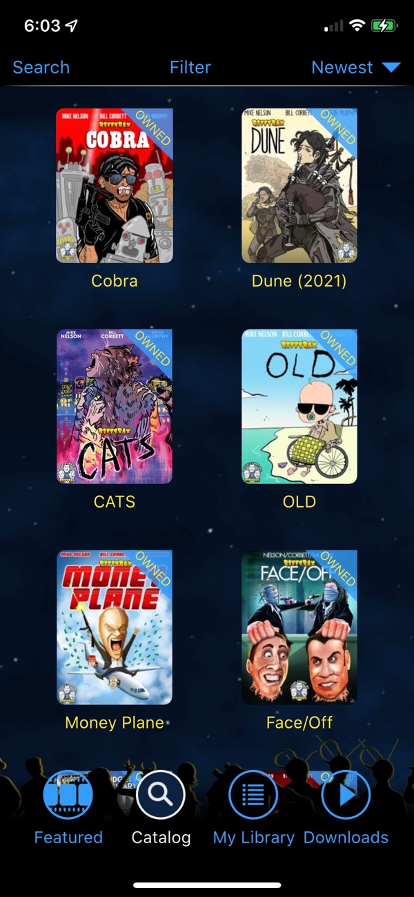 RiffTrax Sync app catalog screen