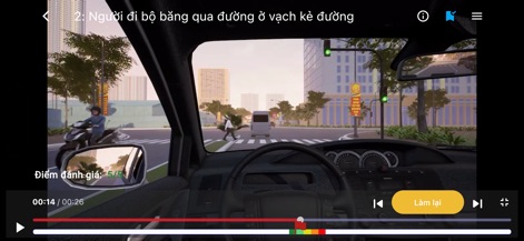 Ôn 120 mô phỏng THGT v2.0.0 - 運転席からの視点による没入型シミュレーションビデオと、特定の時点でのユーザーのパフォーマンスを示す色分けされたプログレスバーにより、ユーザーはリアルな状況で練習できます。