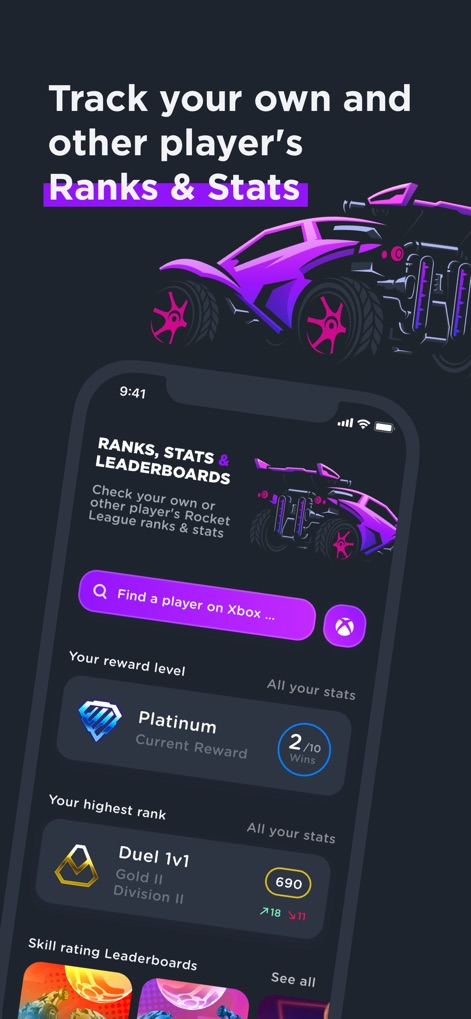 RL Garage for Rocket League - Nutzer können ihre aktuellen Belohnungslevel, wie das 'Platinum'-Abzeichen, verfolgen und detaillierte Statistiken wie den 'Duel 1v1 Gold II Division II'-Rang einsehen.