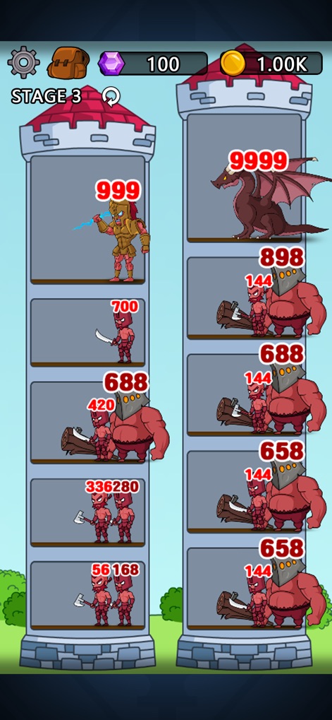 Hero Castle Wars - The app reveals advanced gameplay featuring a powerful hero unit and formidable boss enemies like the towering dragon.