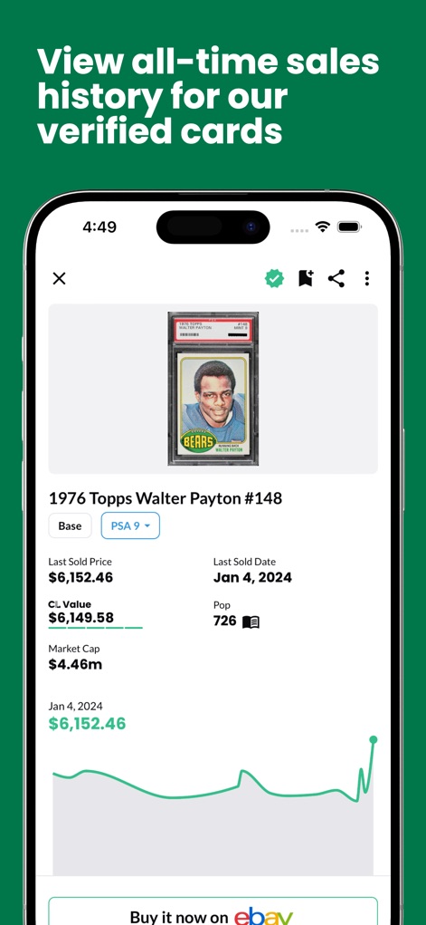 Card Ladder - The app offers in-depth historical sales data for verified cards, presenting both a visual sales history graph and key metrics like market cap and population count.
