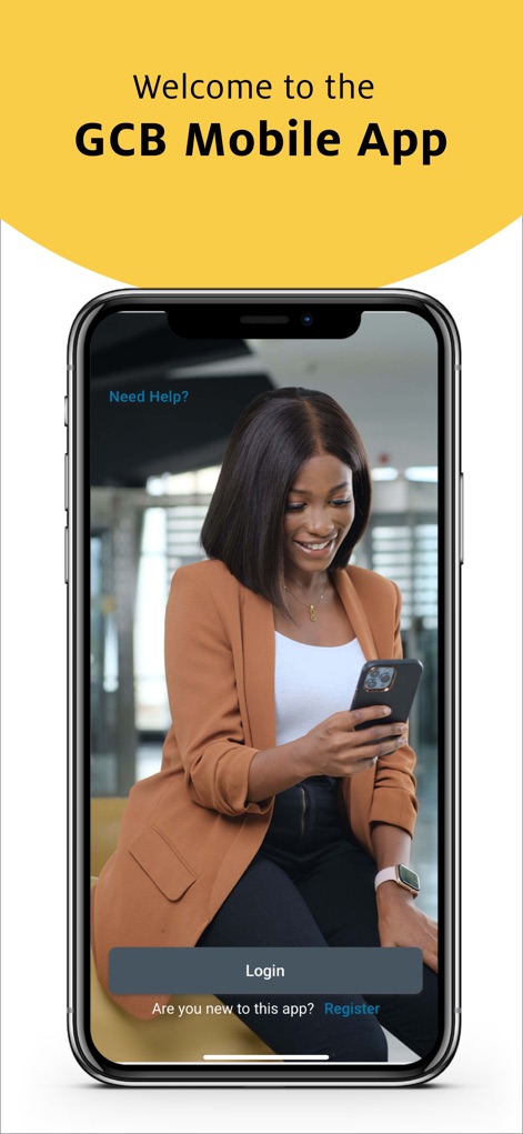 GCB Mobile App - This initial view showcases the clean login interface and readily available registration option, ensuring a smooth first step for new users.