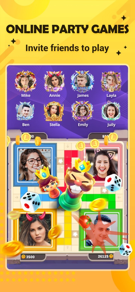 Hago- Party, Chat & Games - O aplicativo oferece jogos sociais como Ludo, onde avatares personalizados dos participantes interagem em um tabuleiro virtual e moedas de jogo são visíveis.