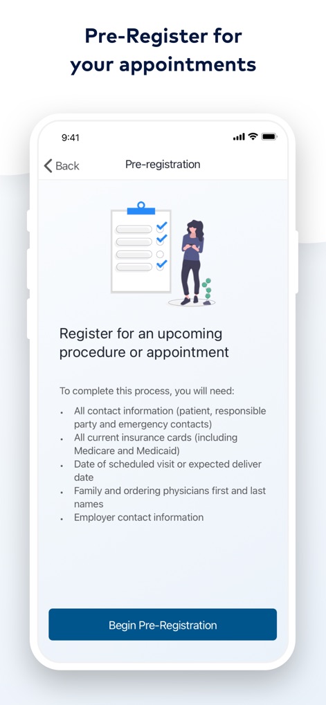 MyHealthONE - Users can easily complete pre-registration forms, reviewing necessary "contact information" before proceeding to "Begin Pre-Registration" for appointments.