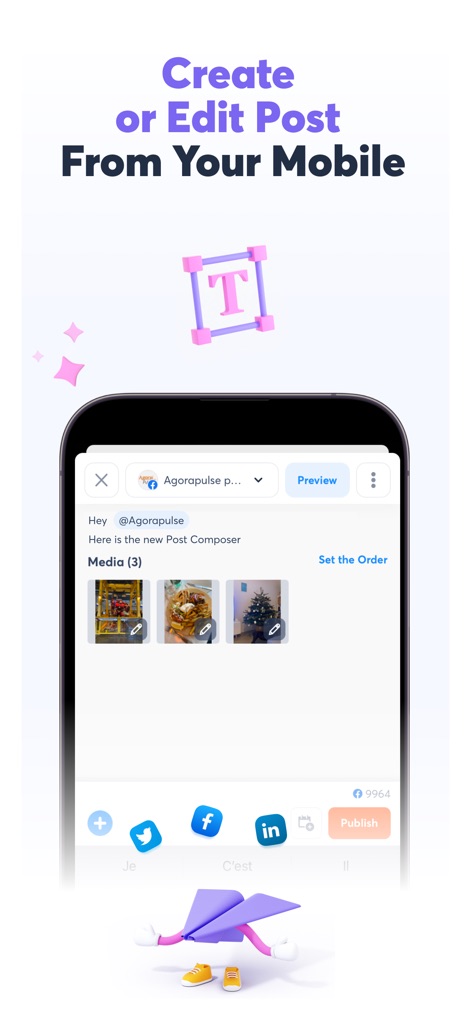 Agorapulse Companion App - 이 앱은 사용자가 게시물 내용을 입력하고 여러 미디어 파일을 첨부하여 시각적으로 풍부한 콘텐츠를 제작하며, 발행 전 미리보기 기능을 통해 최종 확인 과정을 거칠 수 있도록 합니다.