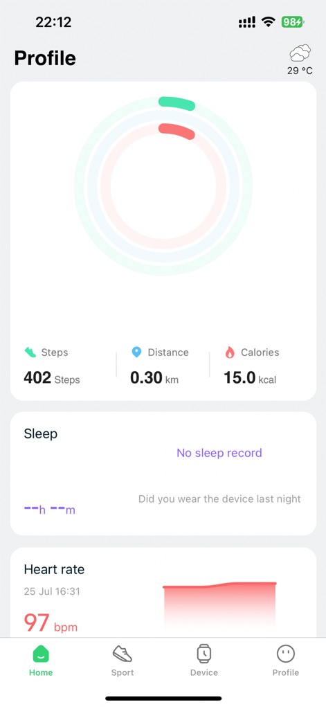 GloryFitPro - Users can instantly visualize their daily activity progress with the prominent circular achievement indicators and monitor vital biometrics via the detailed heart rate graph.