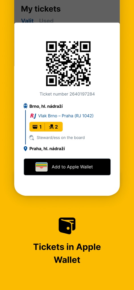 RegioJet - Gli utenti possono accedere al proprio biglietto tramite un codice QR di facile scansione e hanno la comodità di aggiungere il titolo di viaggio direttamente ad Apple Wallet per una gestione mobile ottimale.