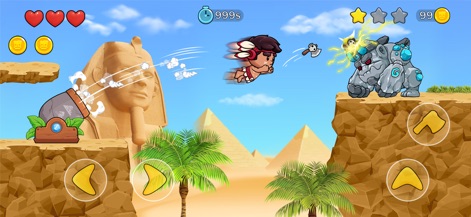 Jungle Adventure: Tribe Boy - Aquí, el juego exhibe a Tribe Boy lanzando un hacha a un enemigo, con un fondo de pirámides y una estatua de esfinge.