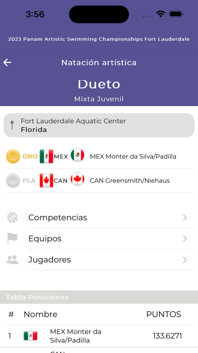PanAm Aquatics Events Screenshot
