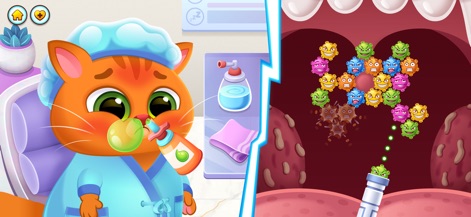 Bubbu 2 - My Pet Kingdom - This visual demonstrates pet care, featuring Bubbu taking medicine from a bottle and a vibrant mini-game illustrating germ removal from a pet's mouth.