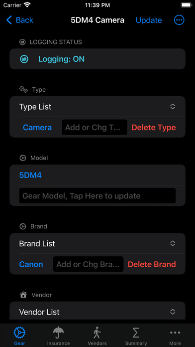 Photo Gear Database Screenshot