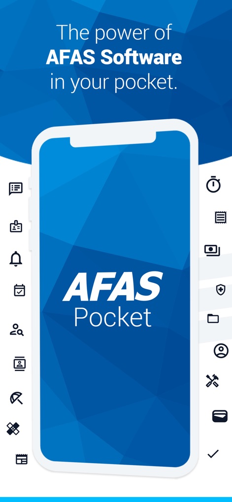 AFAS Pocket - 이 앱은 휴대폰 화면에 AFAS Pocket 로고와 다양한 기능 아이콘(예: 인사 관리 및 프로젝트 도구)을 표시하여, 사용자가 언제 어디서든 비즈니스 소프트웨어에 접근할 수 있음을 강조합니다.