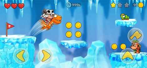 Jungle Adventure: Tribe Boy - Esta captura ilustra a Tribe Boy montando un dinosaurio naranja en un mundo de hielo, mostrando plataformas resbaladizas y nuevos tipos de enemigos.