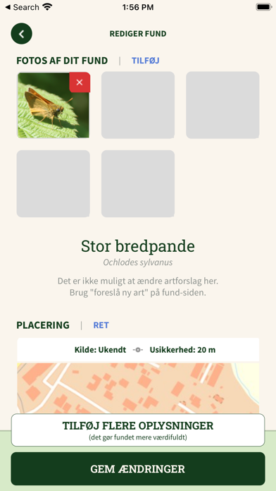 Arter - Indberetning Screenshot