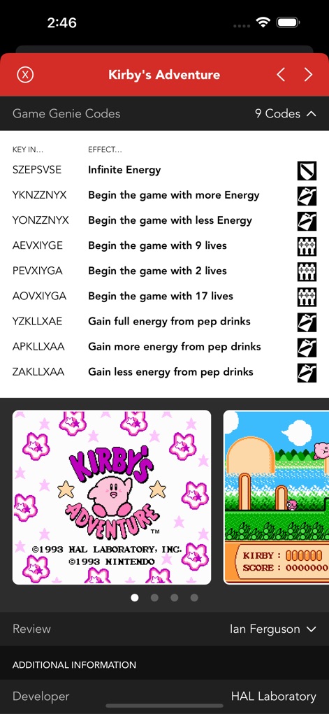 Ultimate Game Guide - Nesta seção, os usuários acessam uma lista completa de códigos do Game Genie para 'Kirby's Adventure', acompanhada por capturas de tela vibrantes do jogo, que mostram a aplicação e o impacto desses códigos.