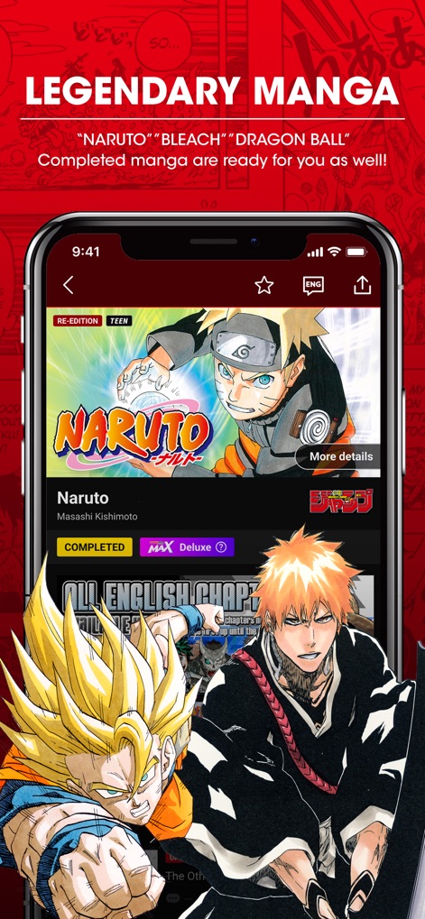 MANGA Plus by SHUEISHA - 本アプリは『NARUTO』や『BLEACH』といった完結済みの伝説的なマンガ作品を提供し、Deluxeプランではこれら全ての作品にアクセスできます。