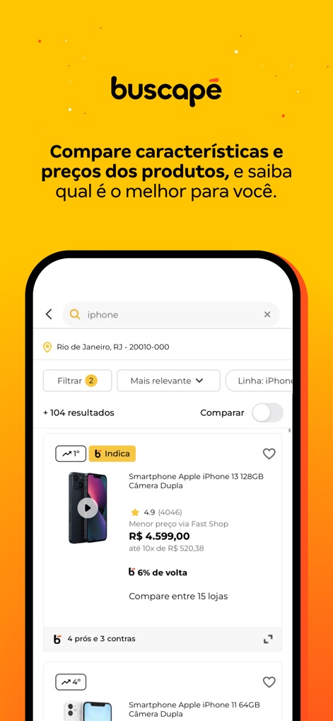 Buscapé: Comprar com Cashback - Users can efficiently navigate search results using the "Filtrar" (Filter) options and activate the "Comparar" (Compare) toggle to evaluate multiple products side-by-side.