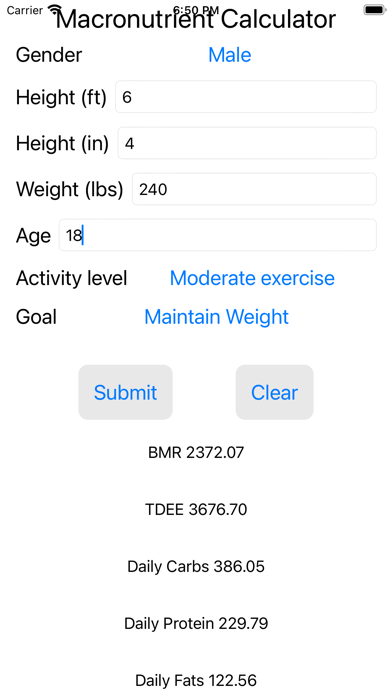Brege Macronutrient Calculator Screenshot