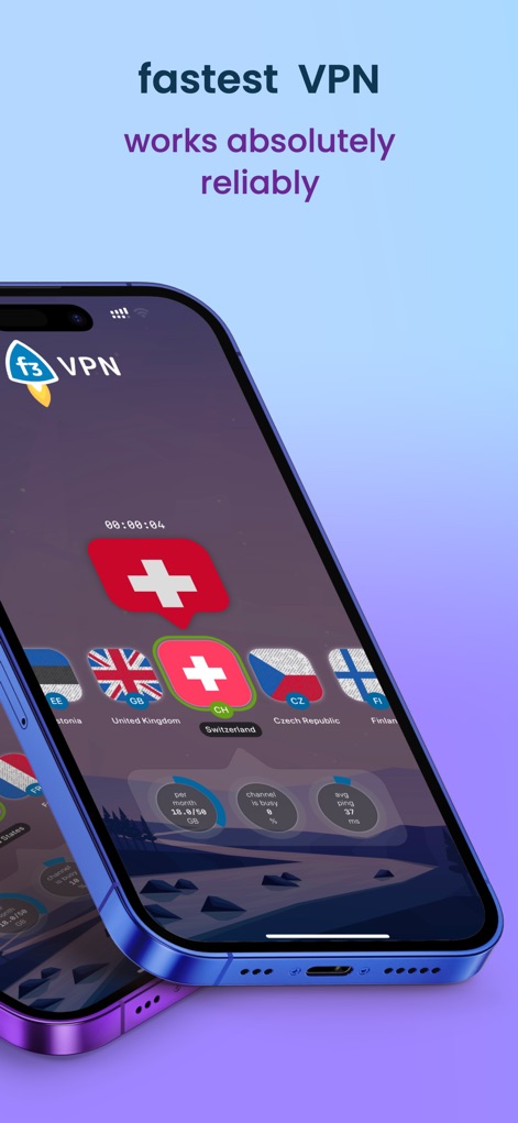 f3 vpn - simple VPN - Hier wird die App mit dem Versprechen "fastest VPN works absolutely reliably" dargestellt, wobei große Länderflaggen wie die Schweiz und Großbritannien die Auswahl der Serverstandorte und zugehörige Verbindungsstatistiken wie Ping-Zeiten hervorheben.